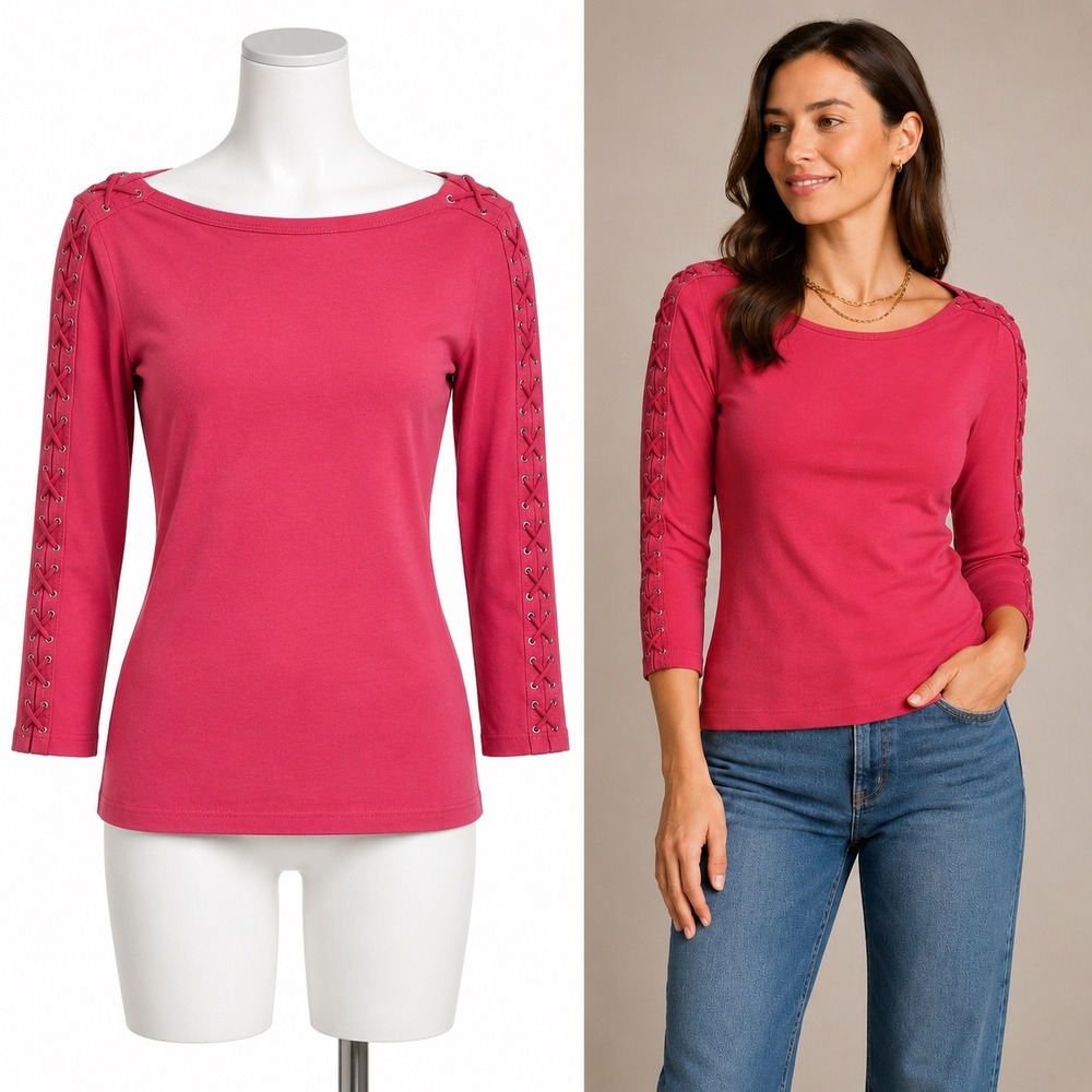 Lauren Ralph Lauren Top Womens Small Pink Lace Up Sleeve Boatneck Gromments